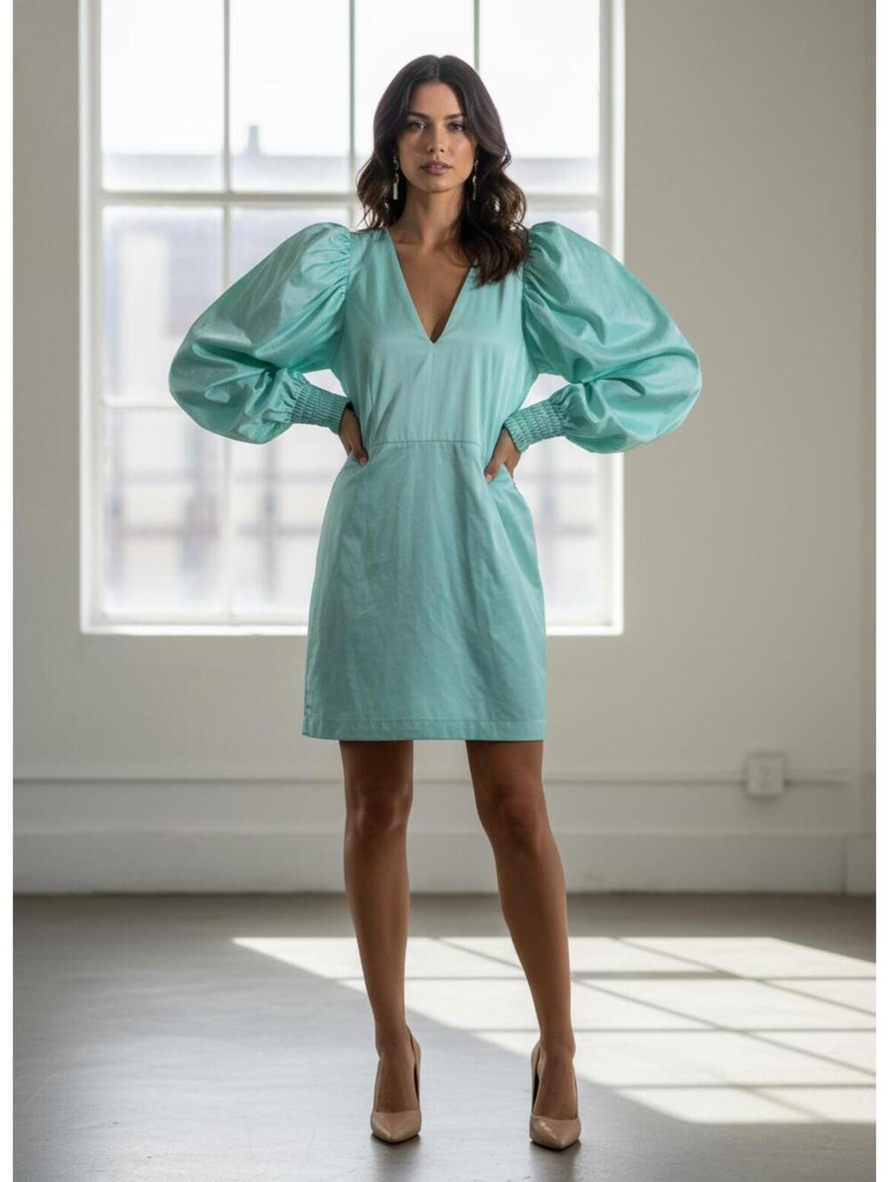 Rotate Birger Christensen Mint Green Puff Sleeve Satin Dress, Sz 4 NWT